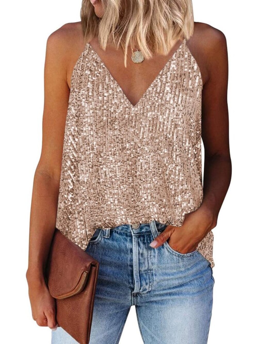 Sparkly Sequin V-Neck Tank Top for Women - Summer Fashion Sleeveless Shirt